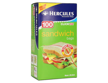 Hercules Click Zip Resealable Sandwich Bag 18x16.5cm Food Storage BPA Free 3 pack