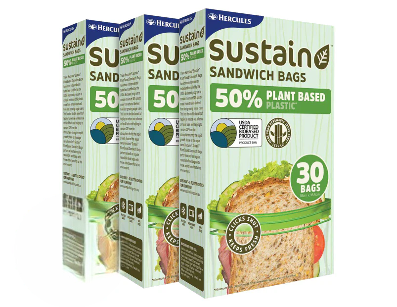 Hercules Sustain 18x16.5cm Plant Based Plastic Resealable Sandwich Bags 3 pack