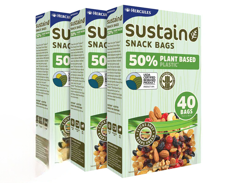 Hercules Sustain Plant Based Plastic 15x9 Cm Resealable Food Snacks Bags 3 pack