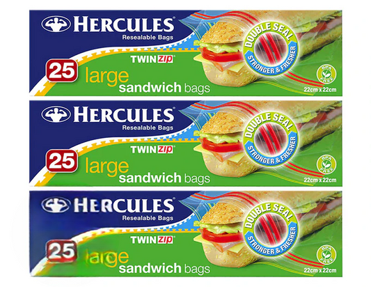 Hercules Twin Zip Large Sandwich Bag - 3 pack