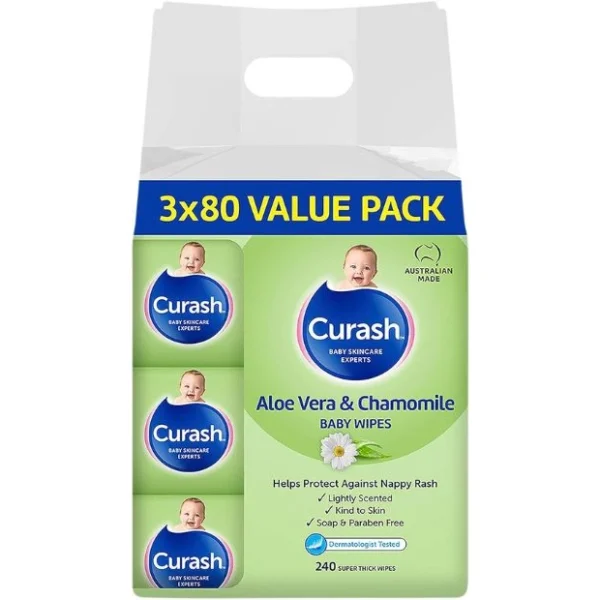 Curash Babycare Aloe Vera & Chamomile Wipes (3 x 80) Value Pack, 240 wipes