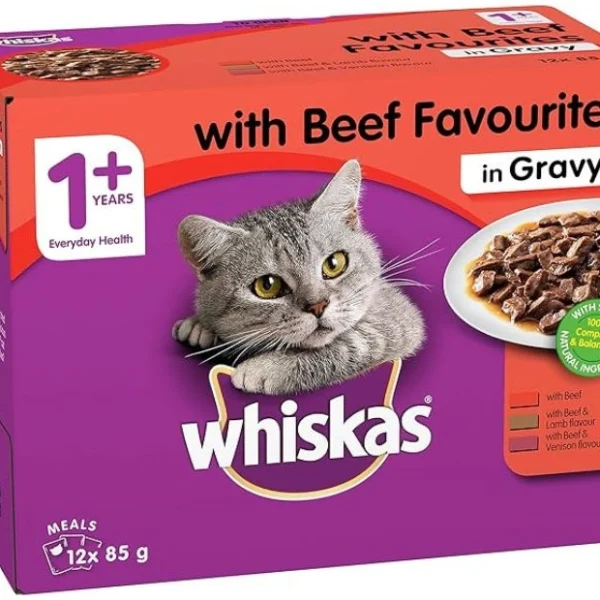 WHISKAS 1+ Years Wet Cat Food with Beef Favourites in Gravy 12 x 85g, 5 Pack (60 Pouches)