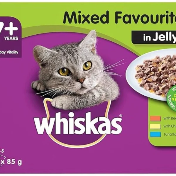 WHISKAS 7+ Years Wet Cat Food with Mixed Favourites in Jelly 12 x 85g, 5 Pack (60 Pouches)