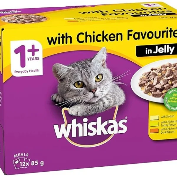 WHISKAS 1+ Years Wet Cat Food with Chicken Favourites in Jelly 12 x 85g, 5 Pack (60 Pouches)