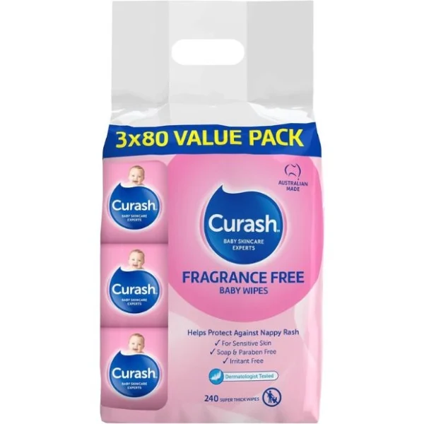 Curash Babycare Fragrance Free Wipes (3 x 80) Value Pack, 240 Wipes